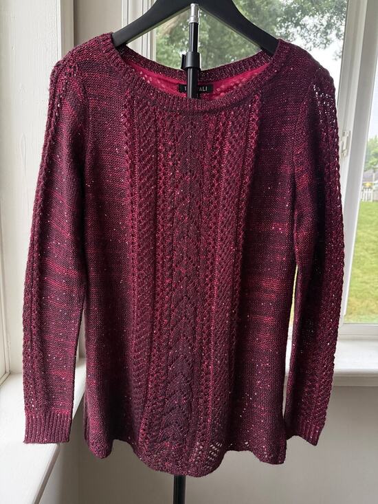 Roz & Ali Sweaters - Burgundy Metallic Sequin Open Knit Sweater Small Holiday Party Cable Knit